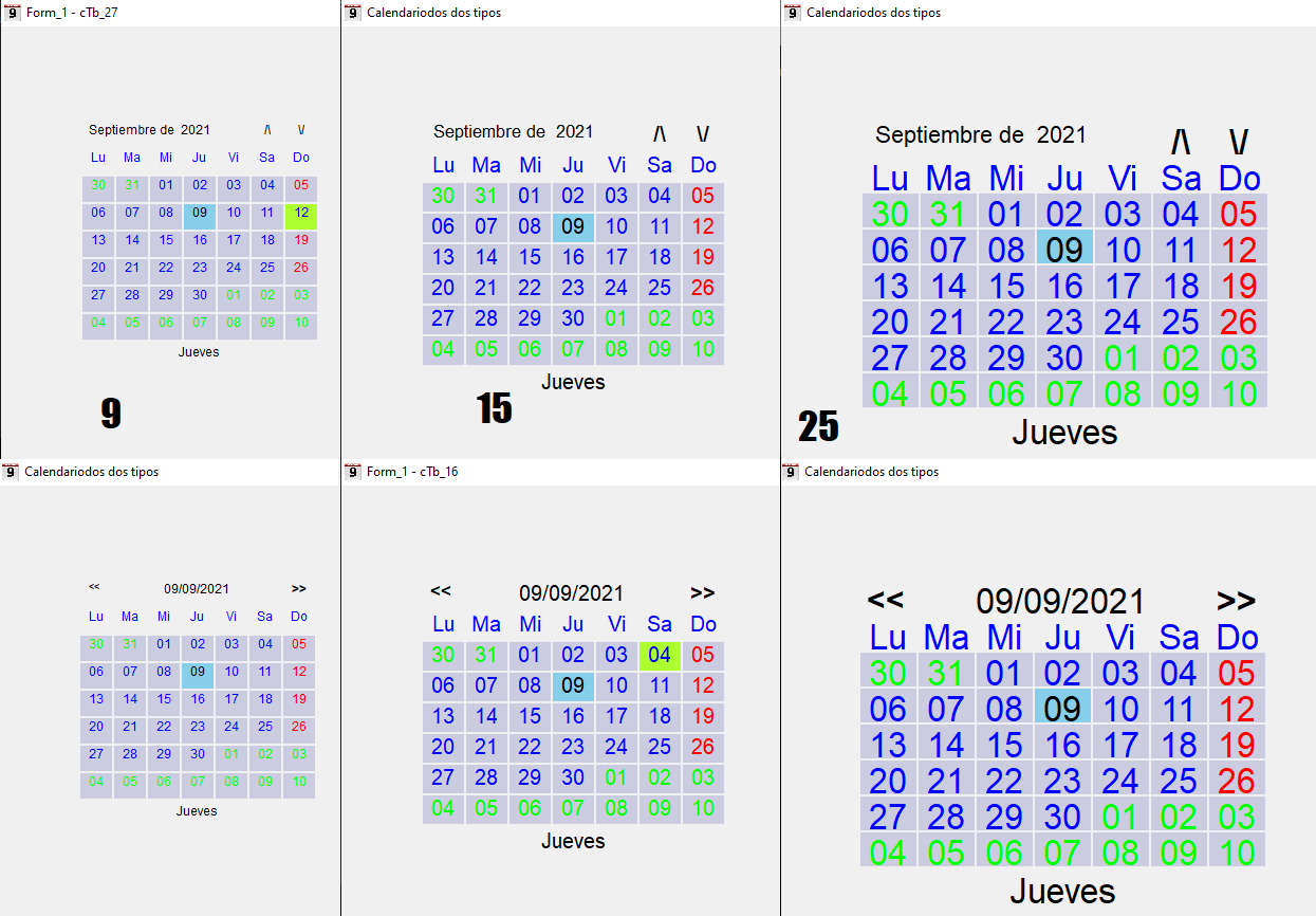 Pantalla donde se muestran diferentes tamaños