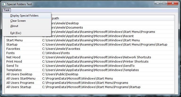 Screen shoot<br />  of Special Folders test prg